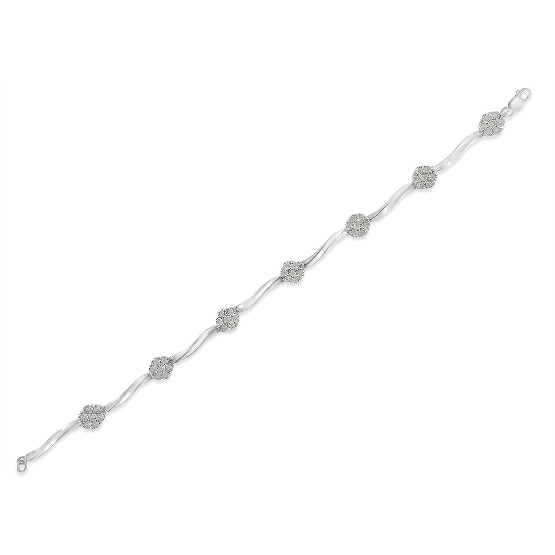 .925 Sterling Silver 1.0 Cttw Diamond Cluster Miracle-Set Station & Twisted Bar 7" Tennis Bracelet (H-I Color, I1-I2 Clarity)-3