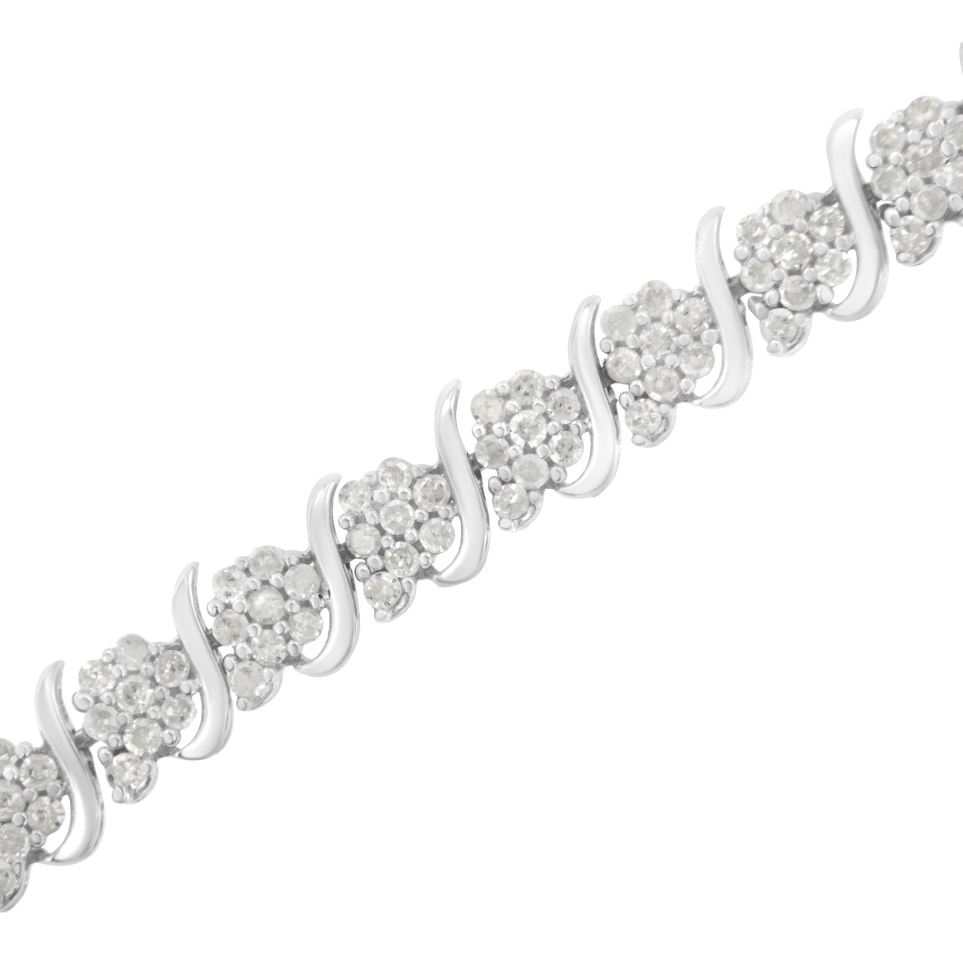 .925 Sterling Silver Diamond Floral Cluster Link Bracelet (2 3/4 cttw, I-J Color, I3 Clarity) - Size 7.25"-3