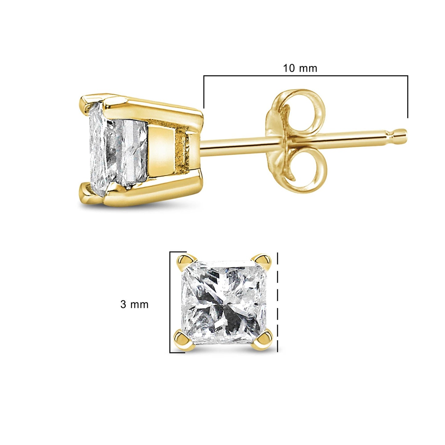 IGI Certified 14k Yellow Gold 1/3 Cttw 4-Prong Set Princess-Cut Solitaire Diamond Push Back Stud Earrings (Q-R Color, I1-I2 Clarity)-3