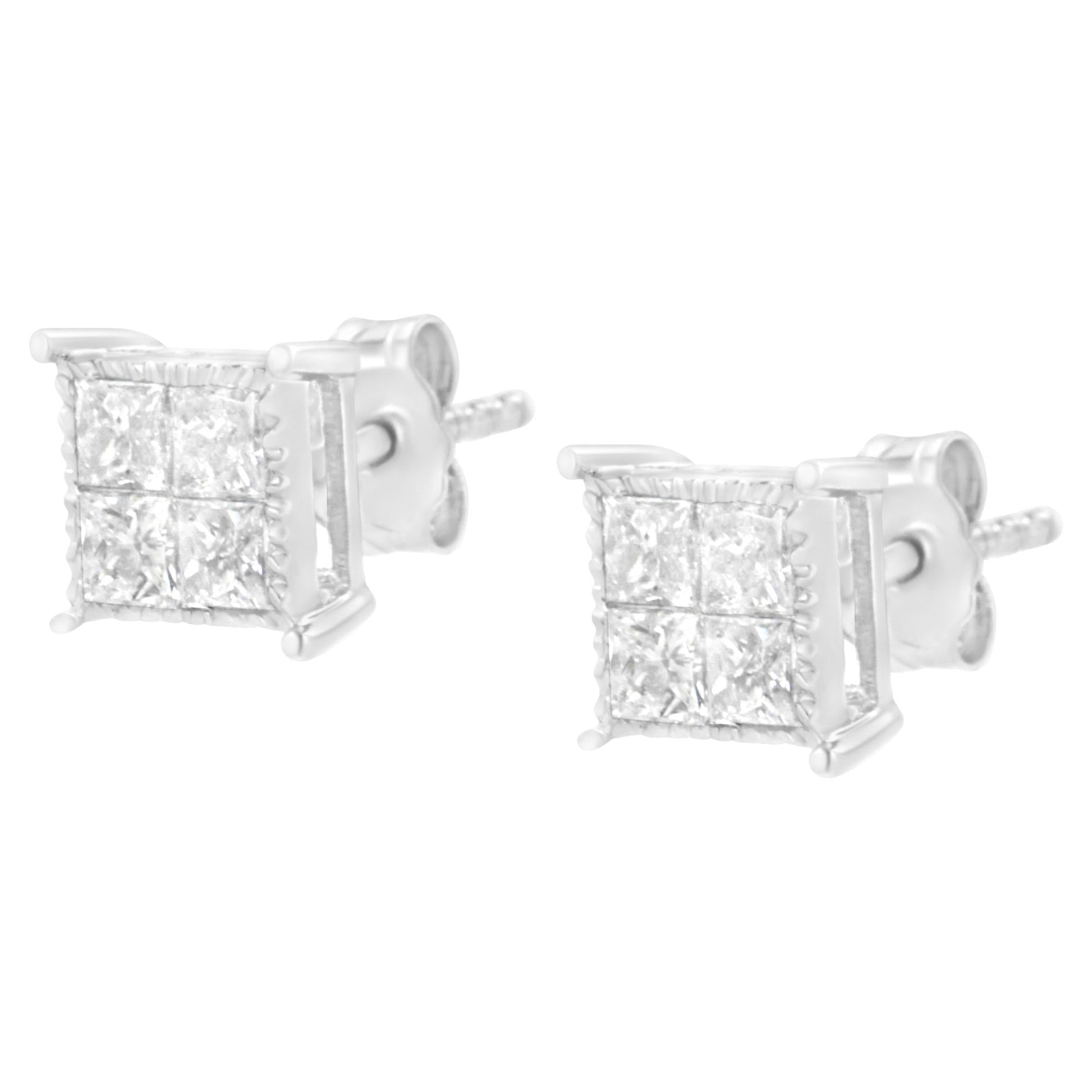 10K White Gold Square Earrings with Princess Cut Diamond (3/4 cttw, I-J Color, I2-I3 Clarity)-3