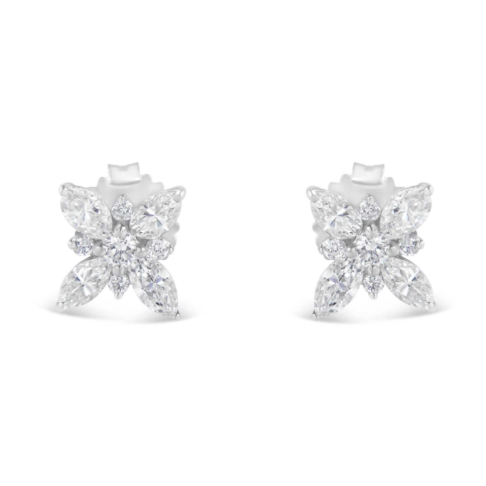 14K White Gold Marquise Diamond Flower Stud Earring (1.00 cttw, H-I Color, SI1-SI2 Clarity)-3