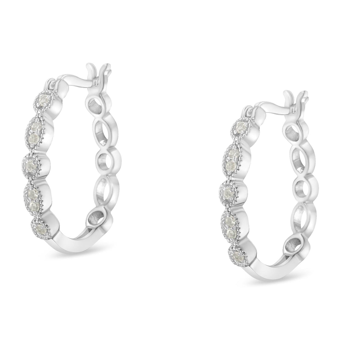 .925 Sterling Silver 1/6 cttw Diamond Milgrain Hoop Earring (I-J Color, I3 Clarity)-3