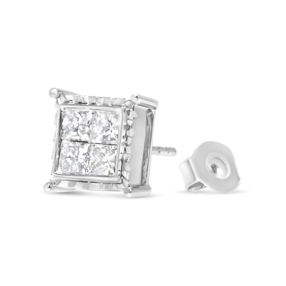 14K White Gold 1 1/2 Cttw Invisible Set Princess-Cut Diamond Contemporary Wavy Quad Stud Earrings (I-J Color, I1-I2 Clarity)-3