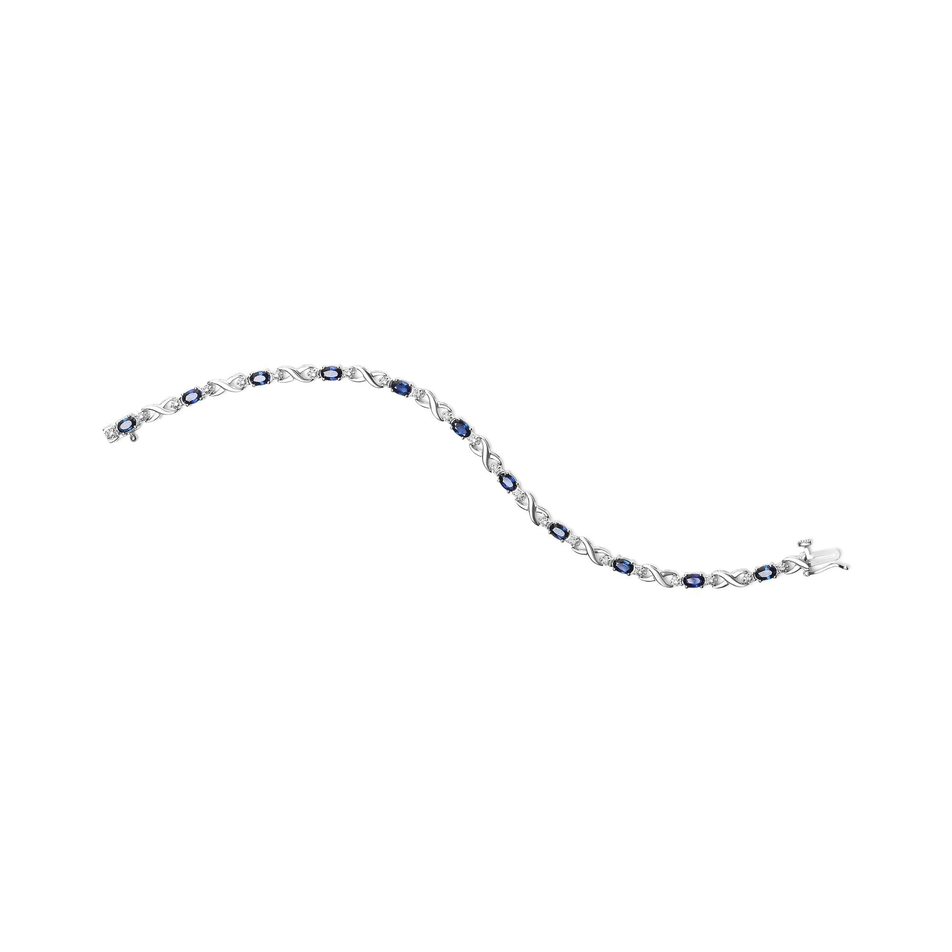 10K White Gold 5x4mm Oval Sapphire Gemstone and 1/10 Cttw Diamond Prong Set "X" Link Bracelet - Size 7" (H-I Color, SI1-SI2 Clarity)-3