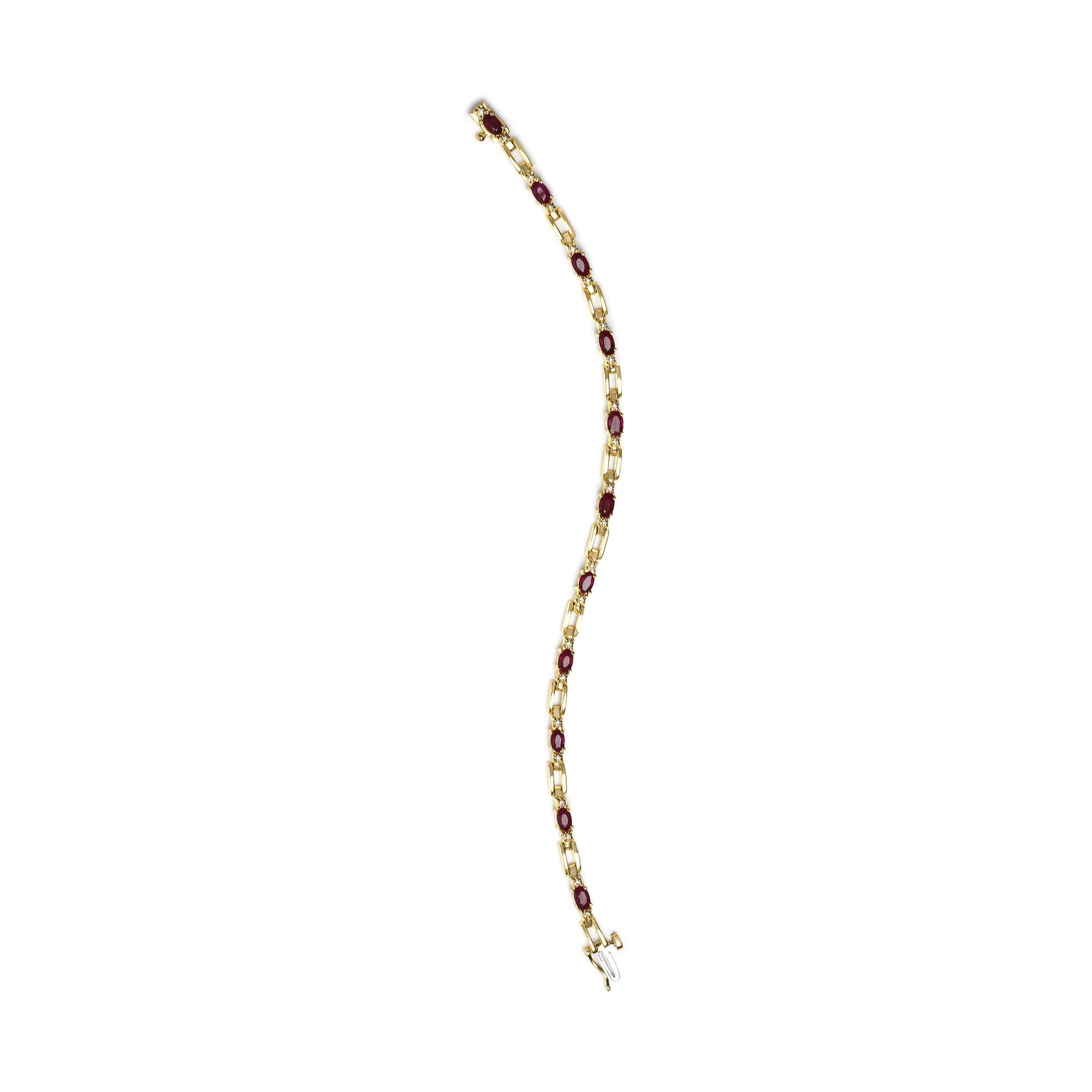 10K Yellow Gold Oval Ruby and 1/10 Cttw Diamond Bar Prong Set Bracelet (H-I Color, SI1-SI2 Clarity)  - Size 7"-3