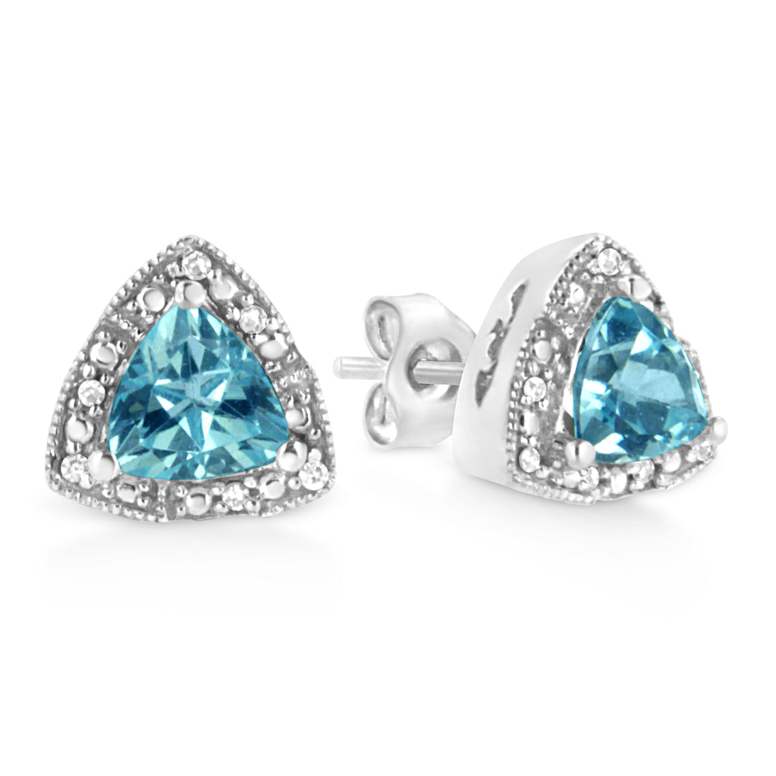 .925 Sterling Silver 6x6 mm Trillion Cut Blue Topaz Gemstone and Diamond Accent Stud Earring (I-J Color, I1-I2 Clarity)-3