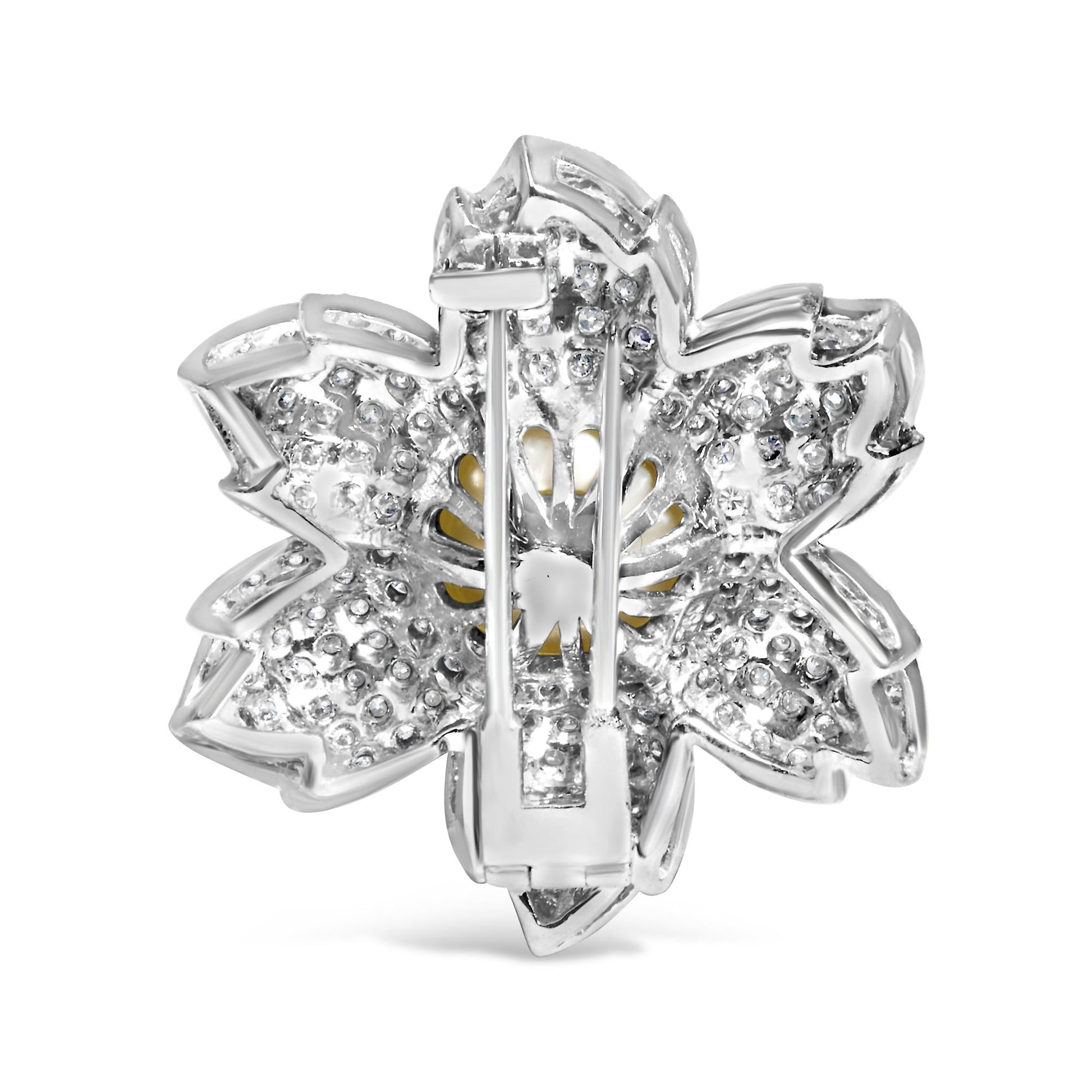 18K White Gold 2 3/4 Cttw Diamond and 12.5 MM Cultured Freshwater Pearl Floral Brooch Pin (G-H Color, VS1-VS2 Clarity)-3