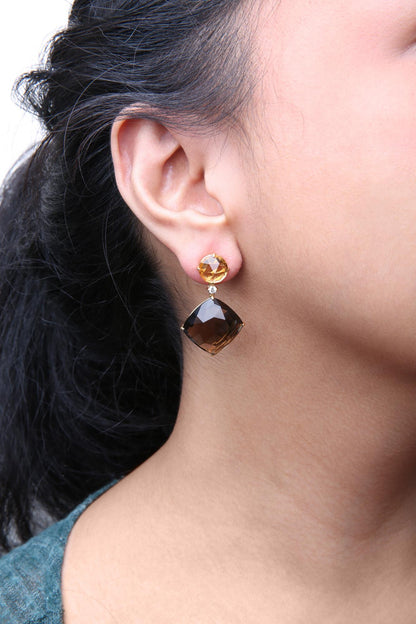 18K Yellow Gold 1/5 Cttw Diamond with Round Yellow Citrine and 25mm Cushion Cut Smoky Quartz Gemstone Dangle Earring (G-H Color, SI1-SI2 Clarity)-3