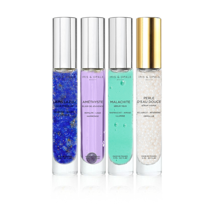 Coffret l’Alchimix N°1 Complet | Iris & Opale Beauty. Découvrez nos 4 sérums visage en format « tube à essais » 15 mL. À l’Améthyste, à la Perle d’eau douce, au Lapis-lazuli et à la Malachite.
