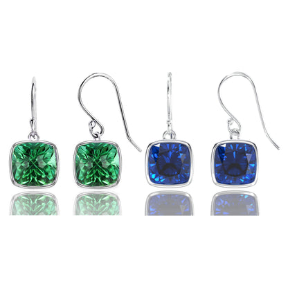 2 Pair Pack: 9.00 CTW Cushion Cut Blue Sapphire & Emerald Drop Earrings Set in .925 Sterling Silver – Lab Grown, 8mm Square Gems-0