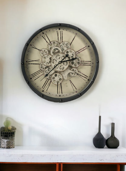 18" Black and Ivory Vintage Gear Industrial Wall Clock-2