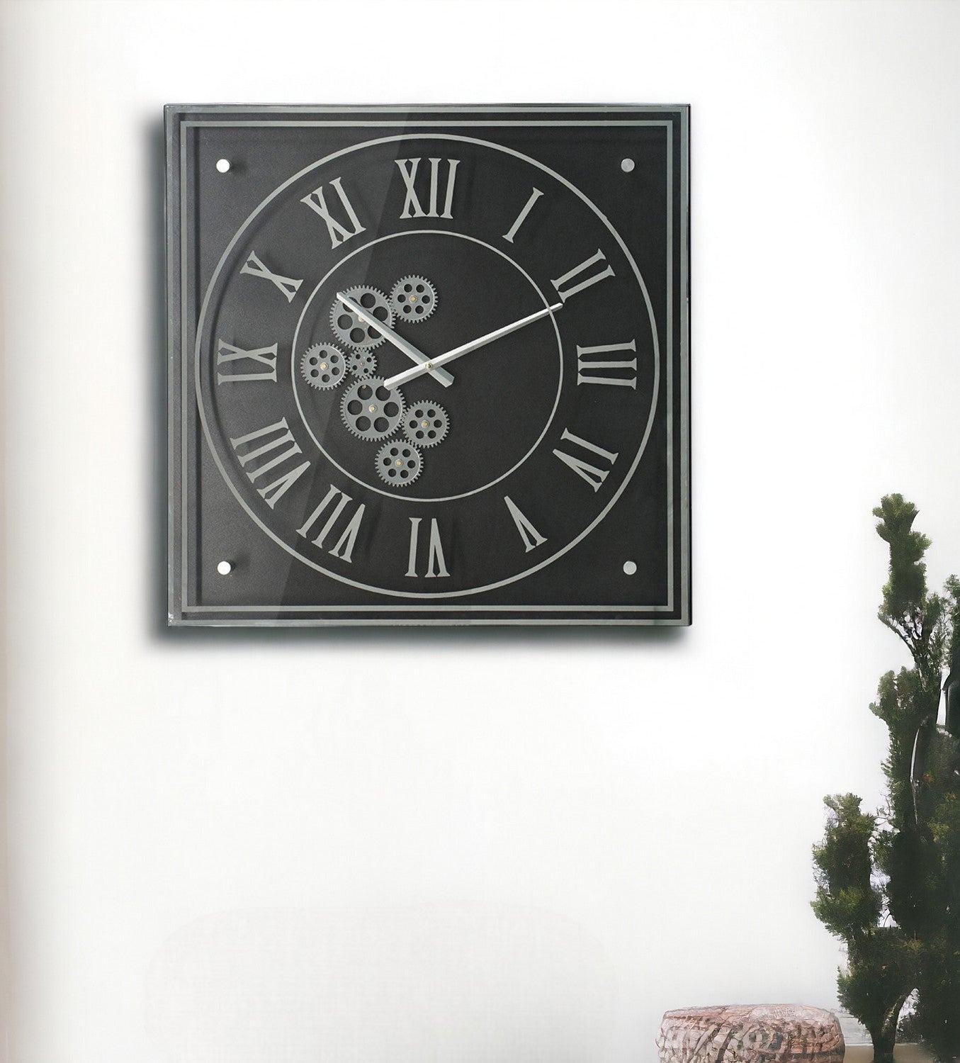 24" Black and Silver Vintage Style Gears Square Wall Clock-2