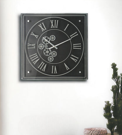 24" Black and Silver Vintage Style Gears Square Wall Clock-2
