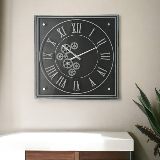 24" Black and Silver Vintage Style Gears Square Wall Clock-0