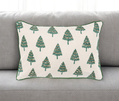 Ivory and Green Modern Christmas Tree Lumbar Throw Pillow-0
