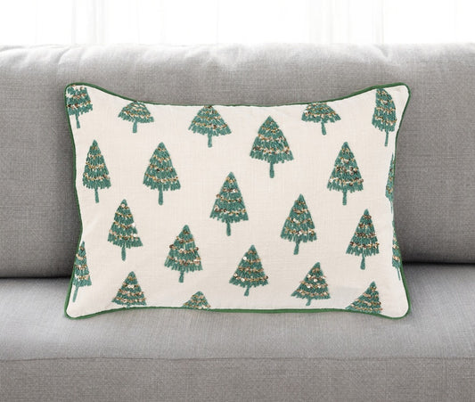 Ivory and Green Modern Christmas Tree Lumbar Throw Pillow-0
