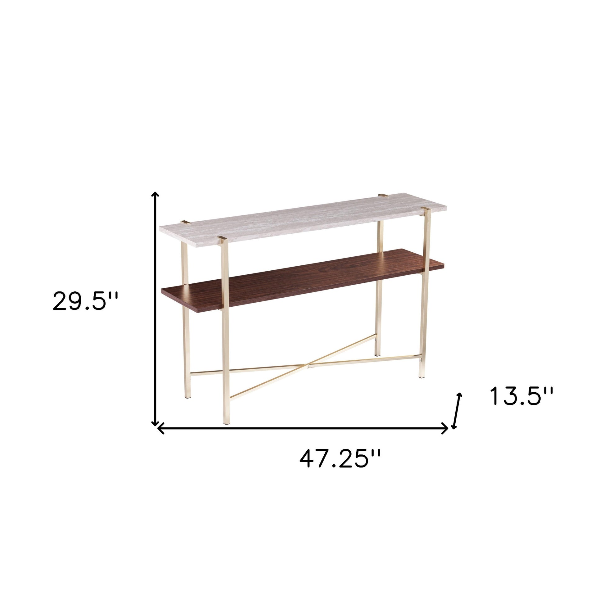 47" White Brass and Brown Faux Marble Console Table With Shelf-6