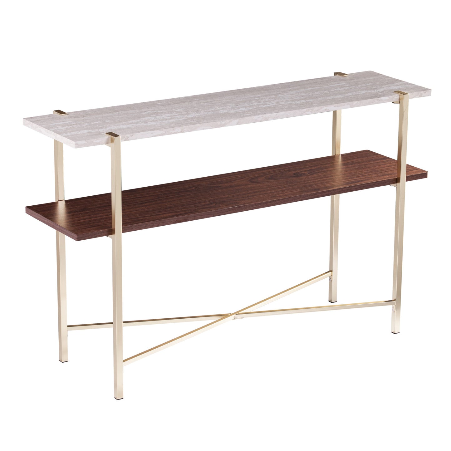 47" White Brass and Brown Faux Marble Console Table With Shelf-1