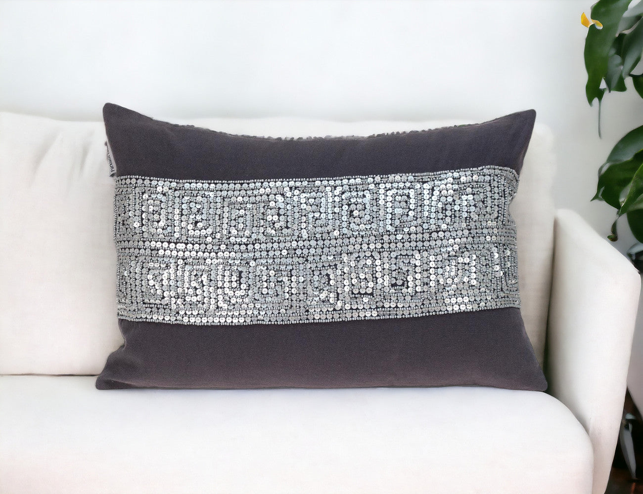 Glam Gray with Silver Sequins Lumbar Throw Pillow-1