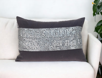 Glam Gray with Silver Sequins Lumbar Throw Pillow-1