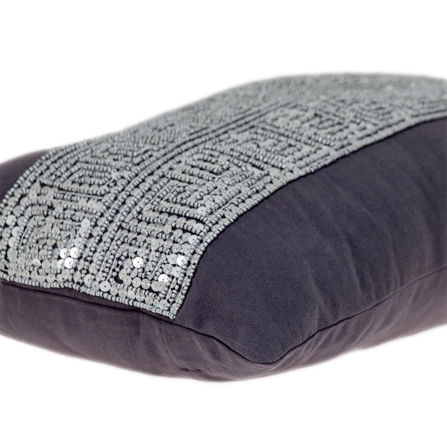 Glam Gray with Silver Sequins Lumbar Throw Pillow-4
