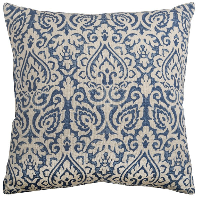 22" Blue And Natural Damask Cotton Throw Pillow-1