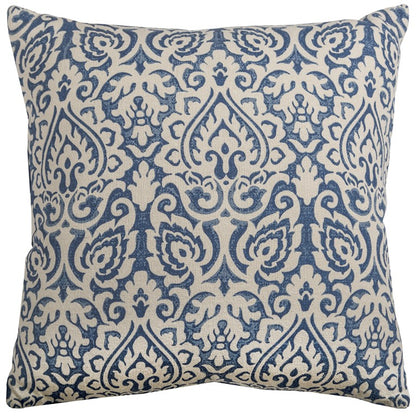 22" Blue And Natural Damask Cotton Throw Pillow-1