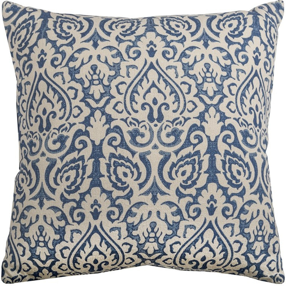 22" Blue And Natural Damask Cotton Throw Pillow-3