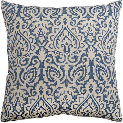 22" Blue And Natural Damask Cotton Throw Pillow-3