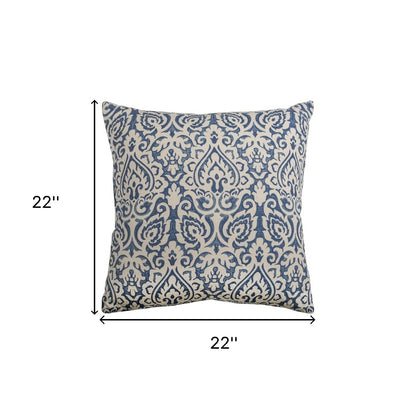 22" Blue And Natural Damask Cotton Throw Pillow-4
