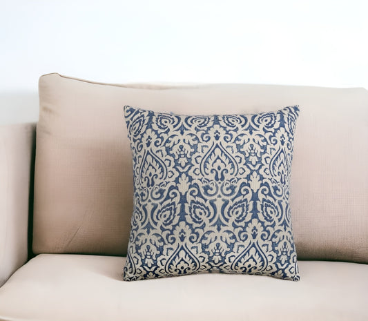 22" Blue And Natural Damask Cotton Throw Pillow-0