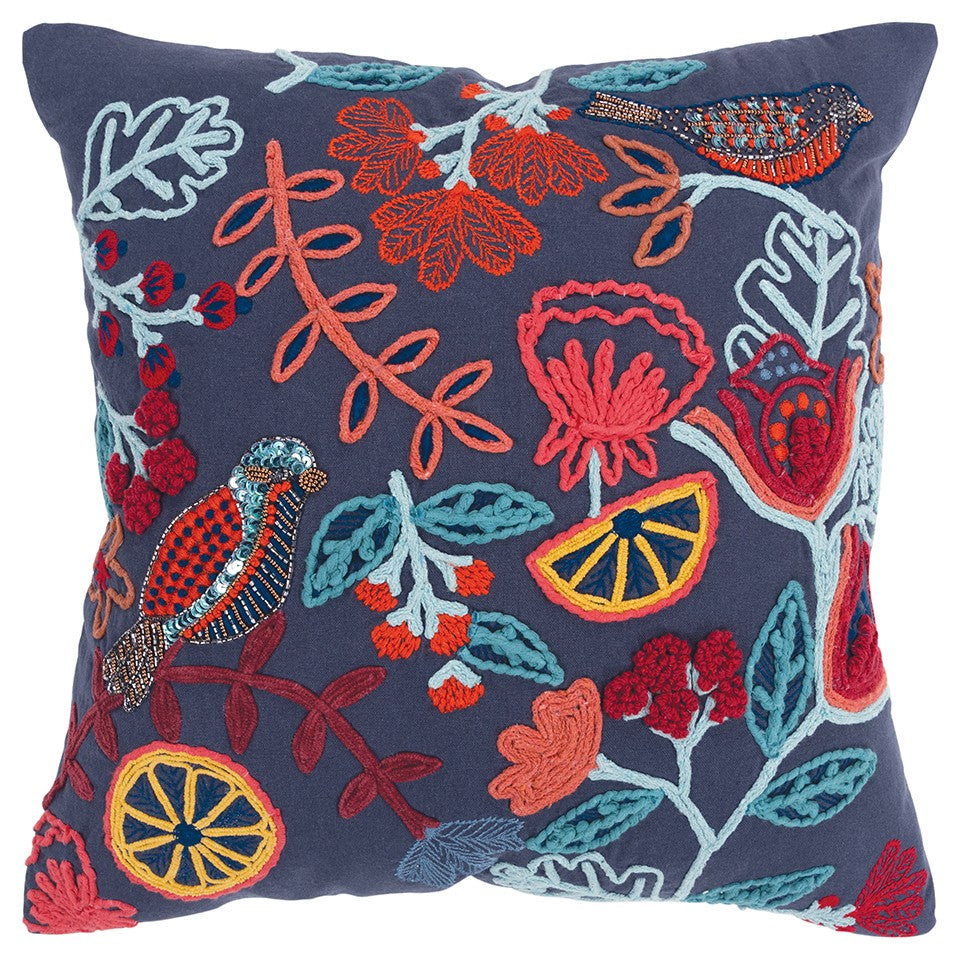Dark Blue Jacobean Bloom Embroidered Throw Pillow-0