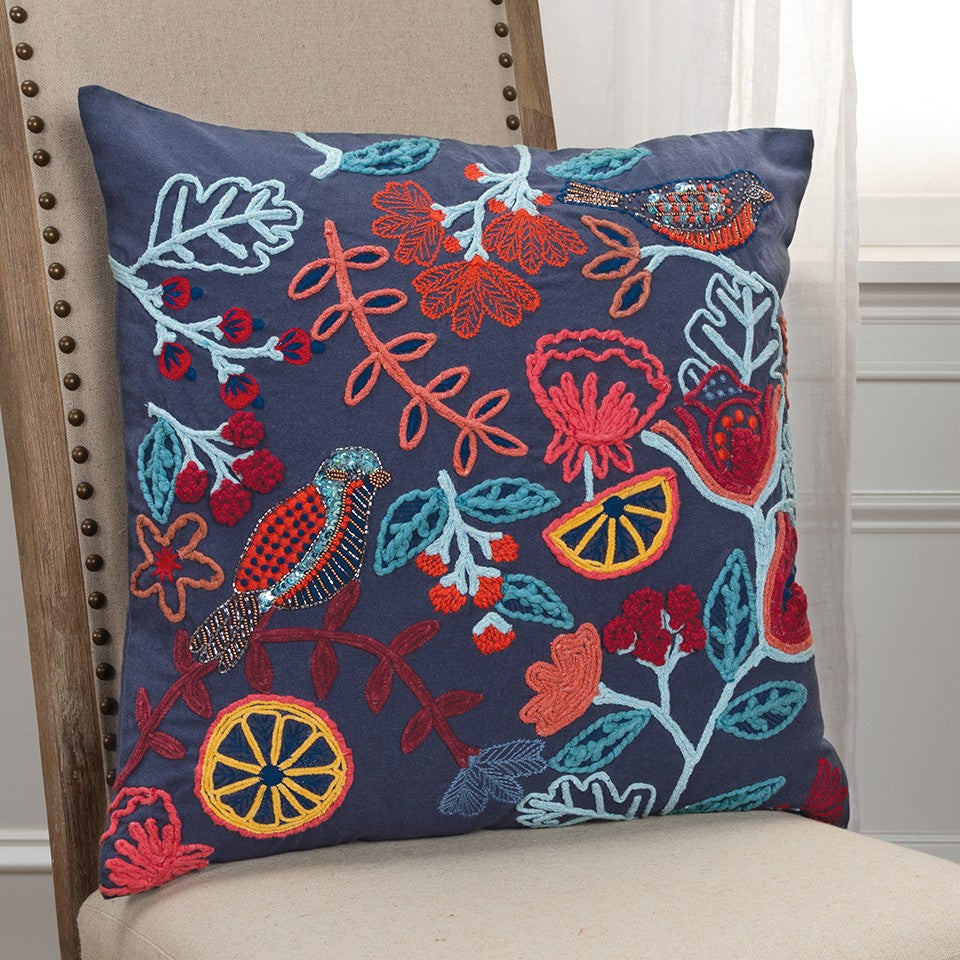 Dark Blue Jacobean Bloom Embroidered Throw Pillow-3