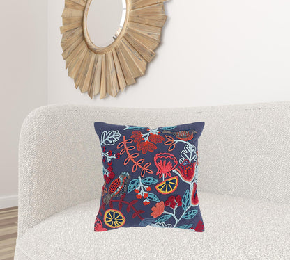 Dark Blue Jacobean Bloom Embroidered Throw Pillow-1