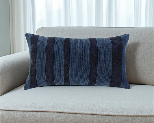 14" X 26" Navy Blue Lumbar Striped Cotton Throw Pillow-0