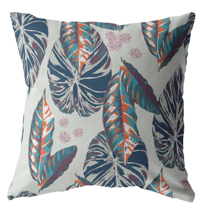 16” Blue Gray Tropical Leaf Zippered Suede Throw Pillow-2