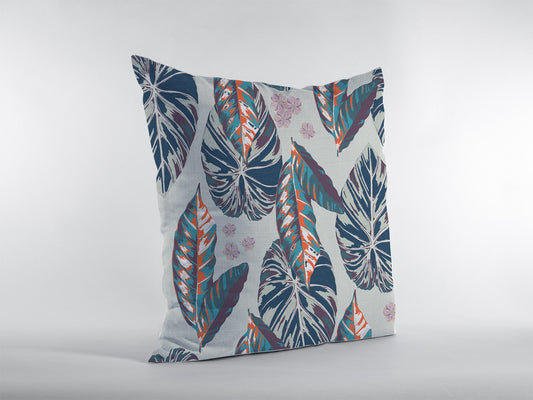 16” Blue Gray Tropical Leaf Zippered Suede Throw Pillow-0