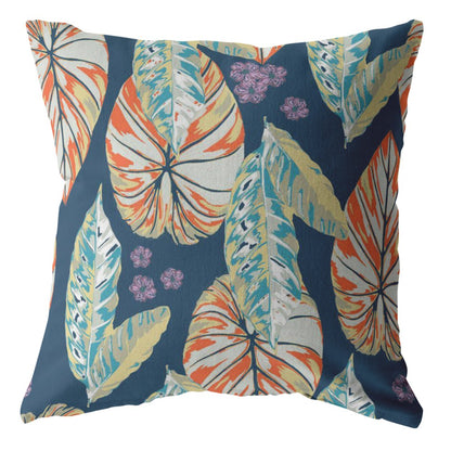 16” Orange Blue Tropical Leaf Zippered Suede Throw Pillow-2
