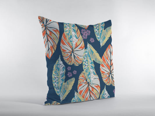 16” Orange Blue Tropical Leaf Zippered Suede Throw Pillow-0