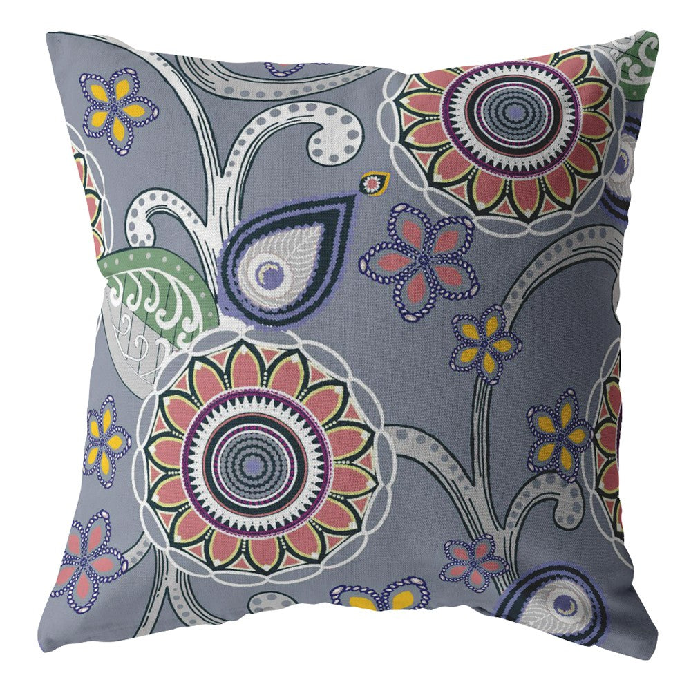 16” Gray Pink Floral Suede Zippered Throw Pillow-0