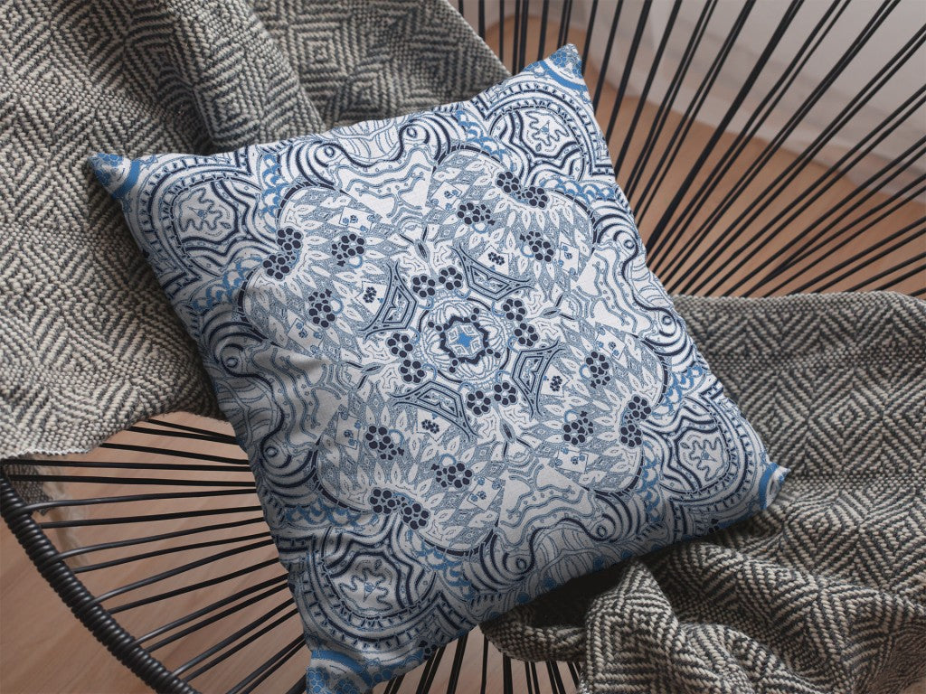 16” Light Blue Boho Ornate Zippered Suede Throw Pillow-4