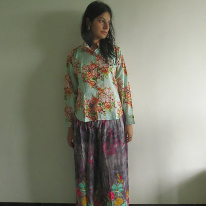 Gray Floral Wide Legged Elastic Pajamas-3