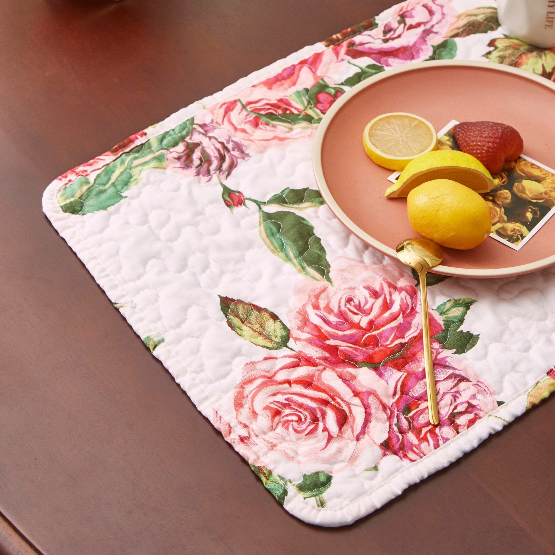DaDa Bedding Set of 4-Pieces Romantic Roses Pink Floral Quilted Dining Placemats 13” x 19” (879)-4