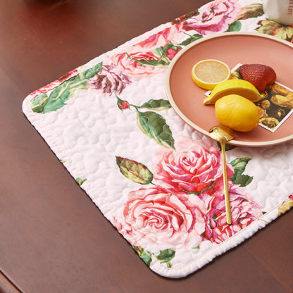 DaDa Bedding Set of 4-Pieces Romantic Roses Pink Floral Quilted Dining Placemats 13” x 19” (879)-4