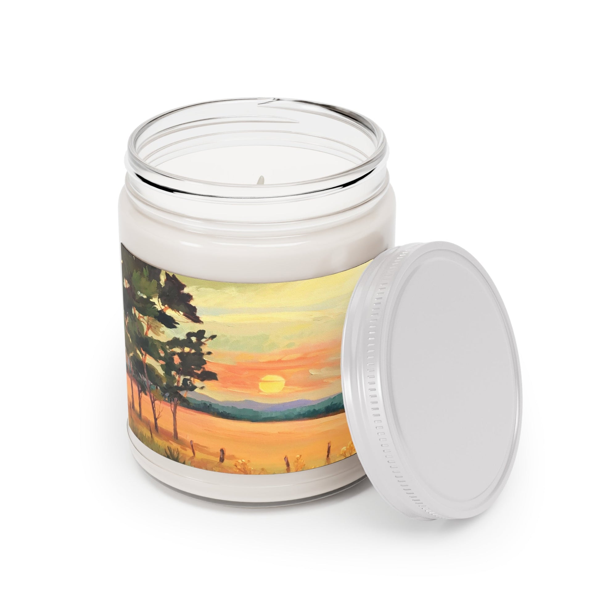 9oz Eco-Friendly Scented or Unscented Soy Wax Candle Jar with 'Sunsrise' Landscape Artwork by American Artist Barbara Cleary-4