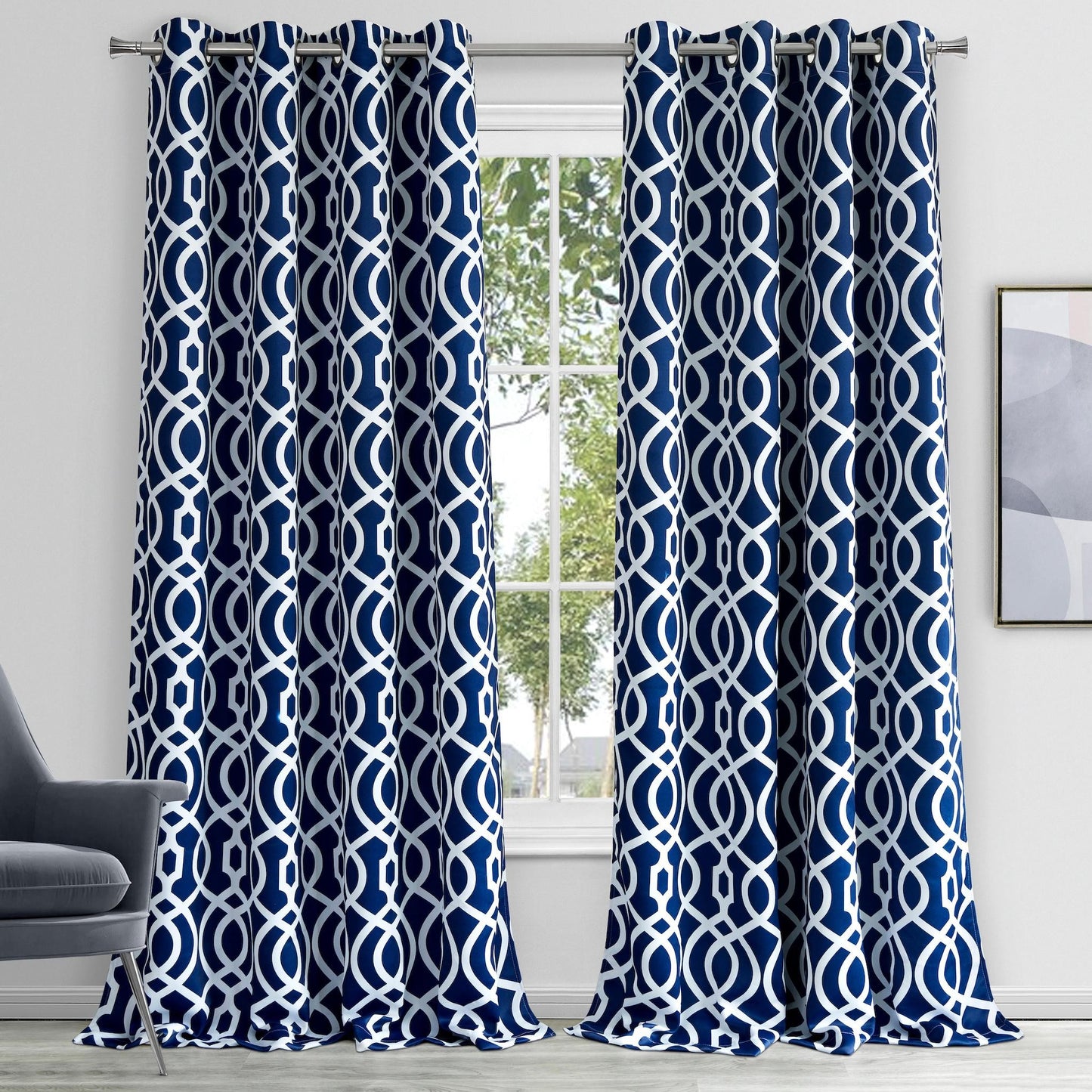 84" Navy Blue Trellis Black Out Window Curtain Panel-4