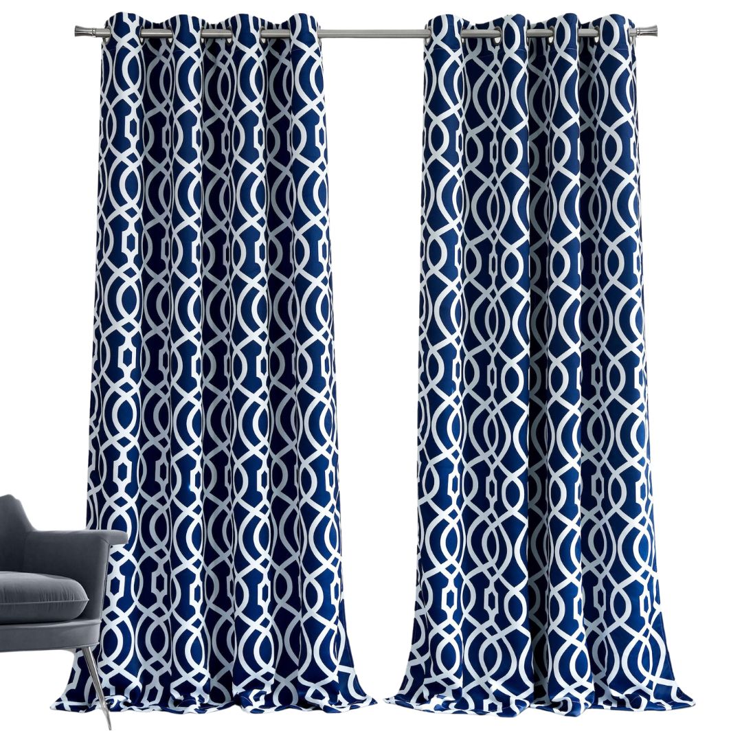 84" Navy Blue Trellis Black Out Window Curtain Panel-1