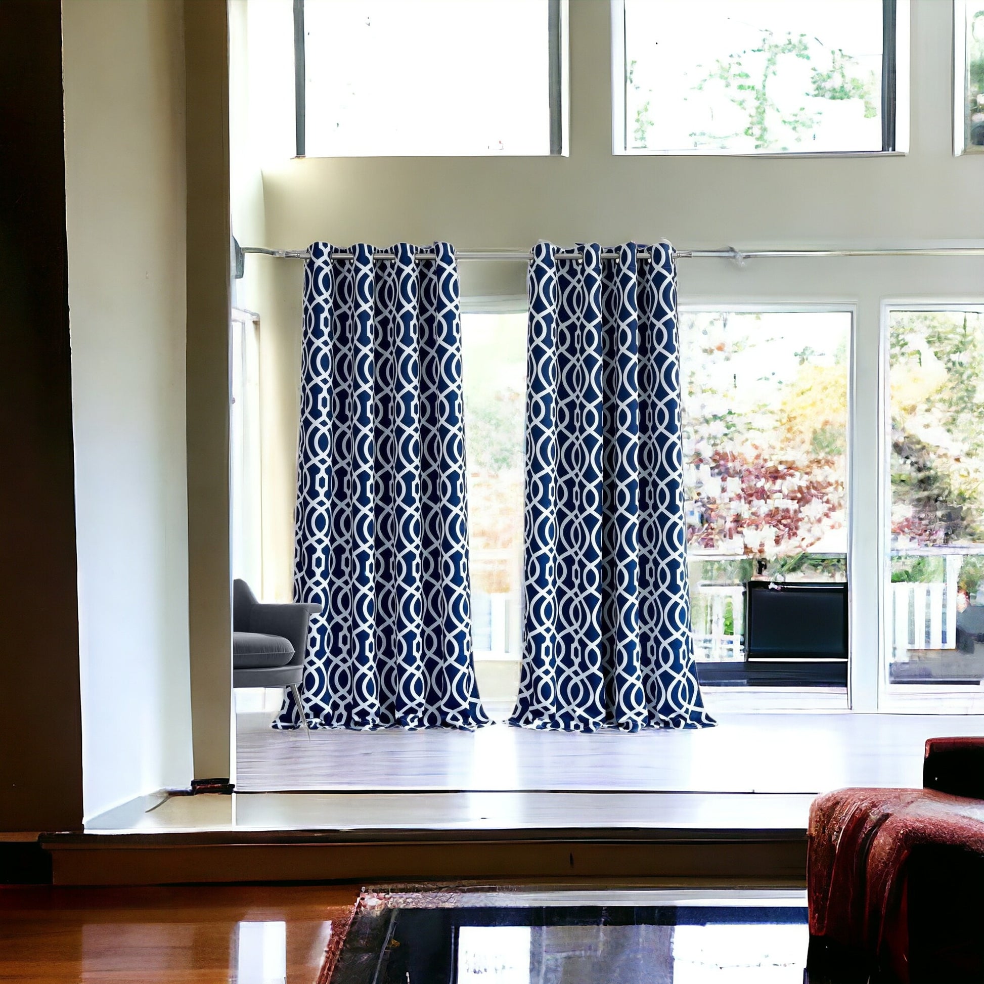 84" Navy Blue Trellis Black Out Window Curtain Panel-0