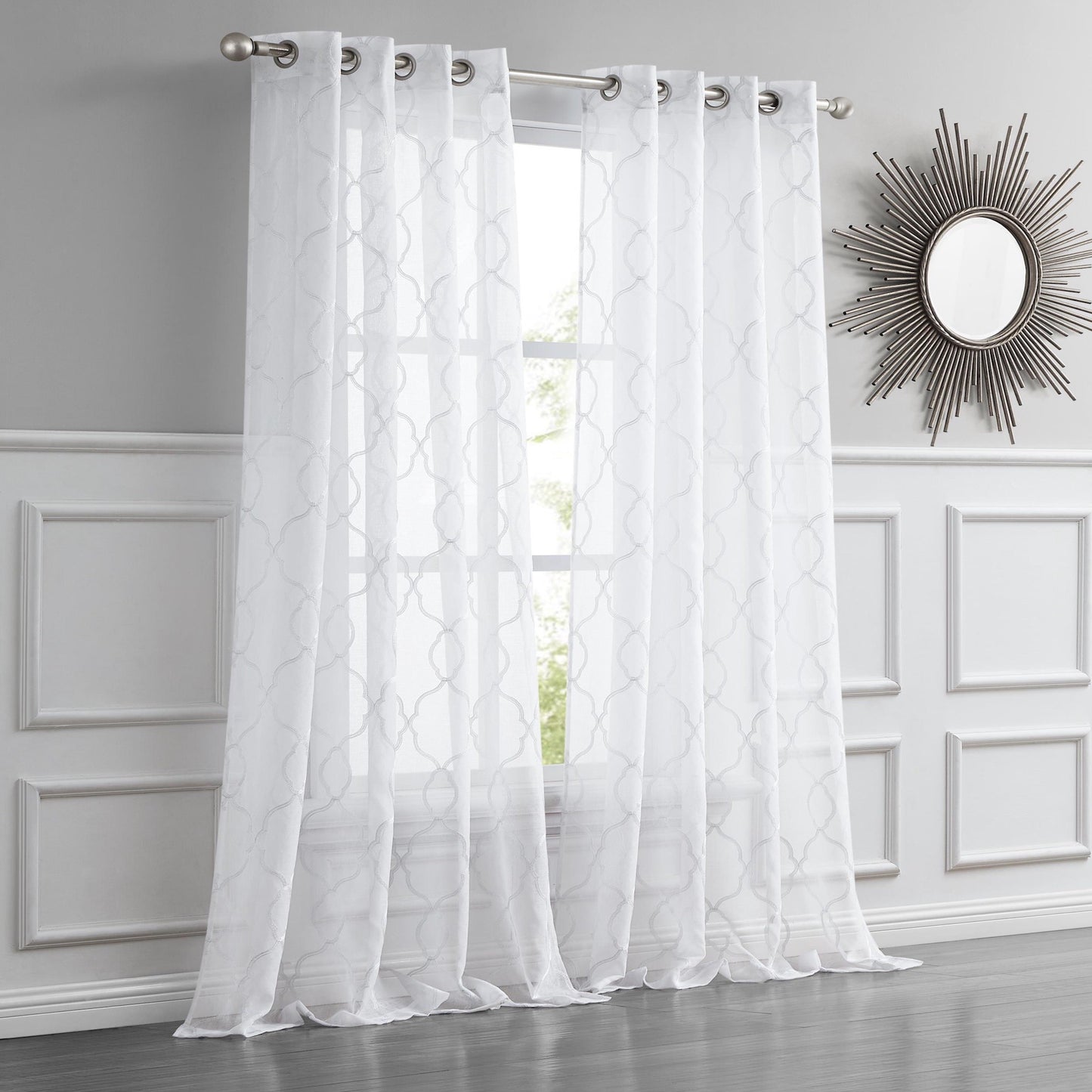 84” White Trellis Pattern Embroidered Window Curtain Panel-4