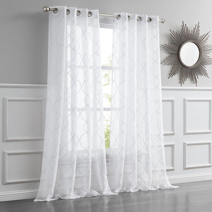 84” White Trellis Pattern Embroidered Window Curtain Panel-4
